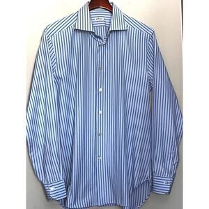 KITON MENS MADE IN ITALY COTTON BLUE W GREEN STRIPED SHIRT 16.5 / 42 / L